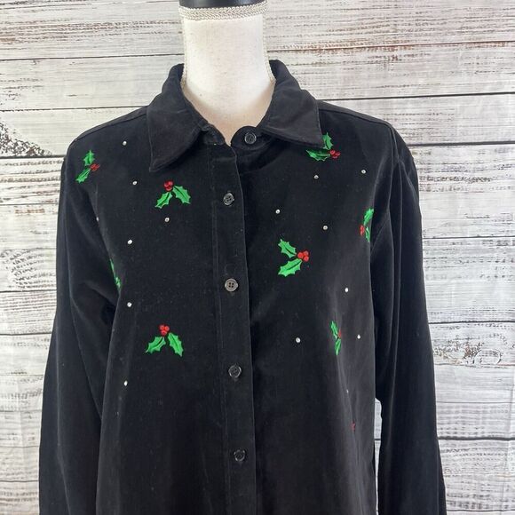 The Quacker Factory Shacket Jacket size Large Black Velvet Candy Canes Christmas - Picture 3 of 11
